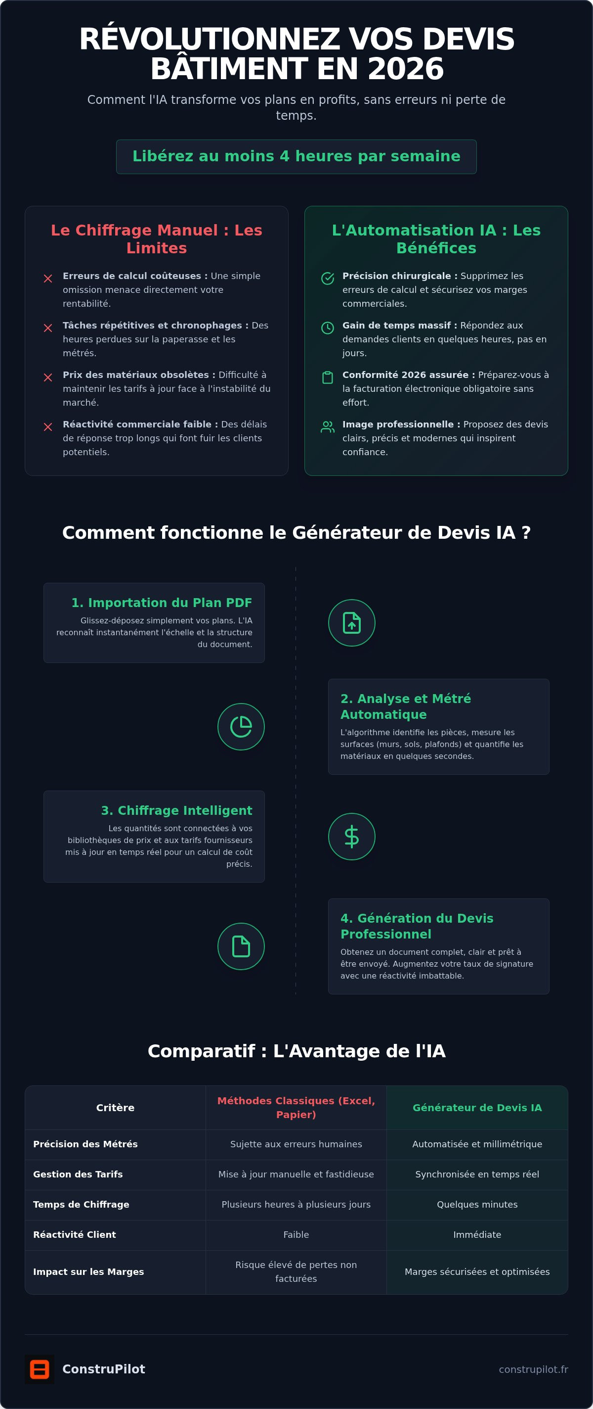 Infographie — Générateur de devis bâtiment automatique : Le guide 2026 de l'IA au service du chiffrage