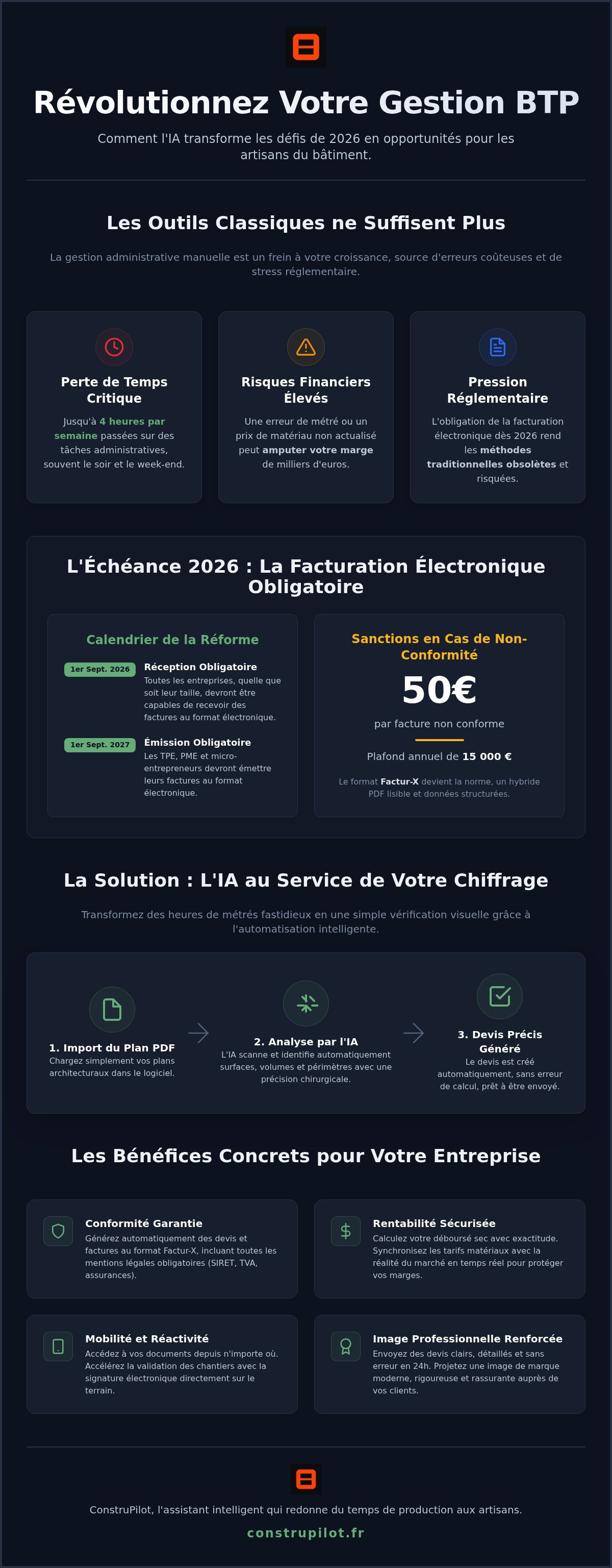 Infographie — Comment faire un devis bâtiment sans erreur avec un logiciel devis facture artisan BTP ?