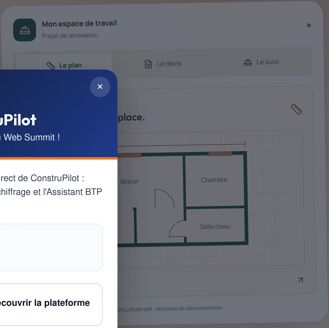 Aperçu de l'espace de travail ConstruPilot : plan coté, devis chiffré et suivi de chantier